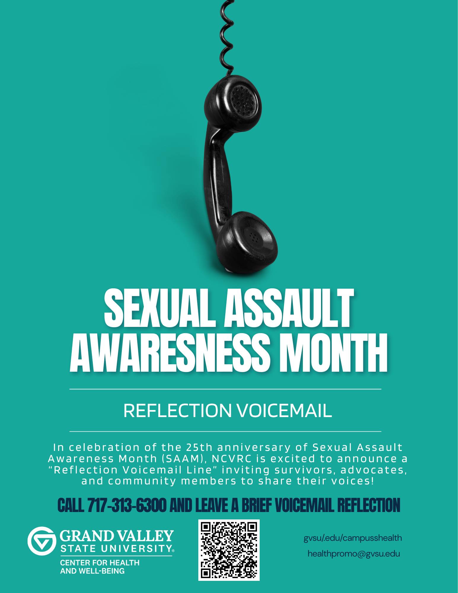 teal flier for SAAM - white letters reflection voicemail